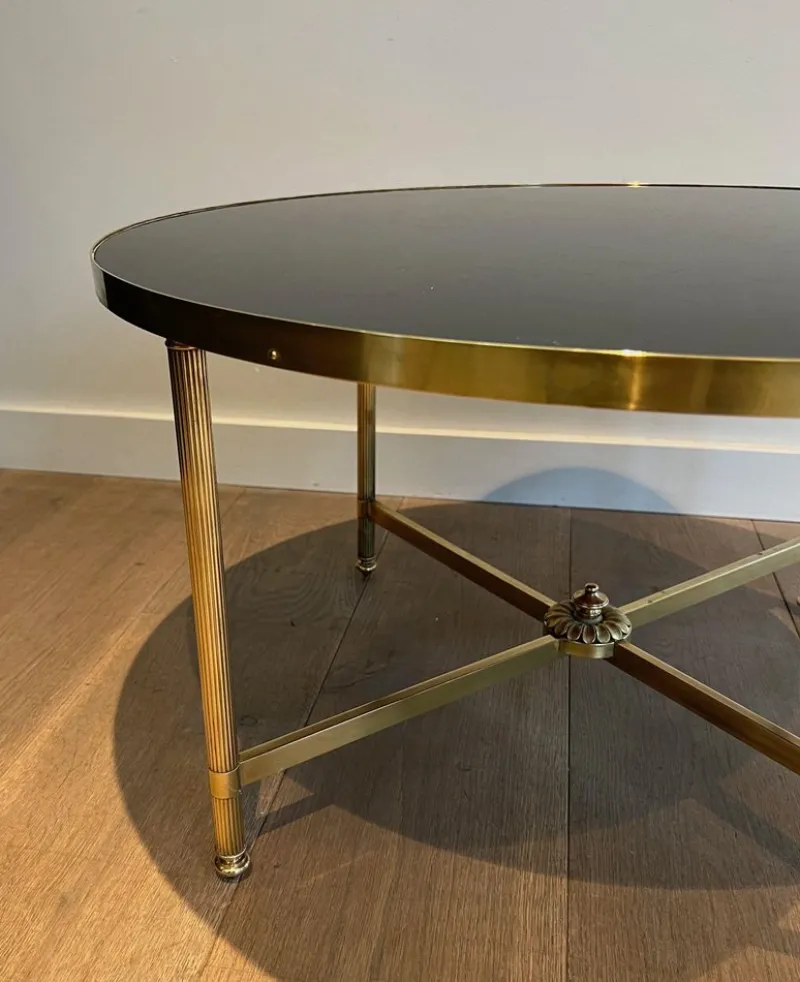 Best Pamono Round Coffee Table in Brass with Black Lacquered Glass Top by Maison Jansen
