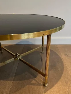 Best Pamono Round Coffee Table in Brass with Black Lacquered Glass Top by Maison Jansen