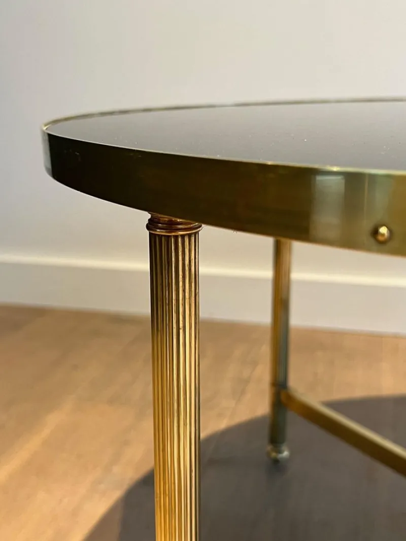 Best Pamono Round Coffee Table in Brass with Black Lacquered Glass Top by Maison Jansen