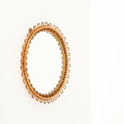 Pamono Round Curved Rattan and Bamboo Mirror attributed to Franco Albini, Italy, 1960s