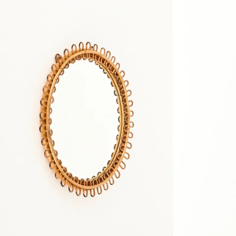 Pamono Round Curved Rattan and Bamboo Mirror attributed to Franco Albini, Italy, 1960s