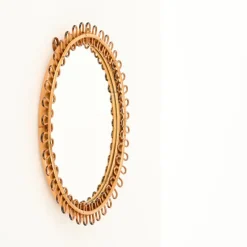 Pamono Round Curved Rattan and Bamboo Mirror attributed to Franco Albini, Italy, 1960s