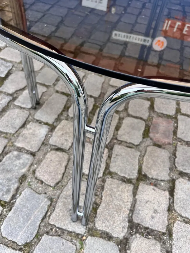 Online Pamono Round Dining Table in Smoked Glass and Chrome