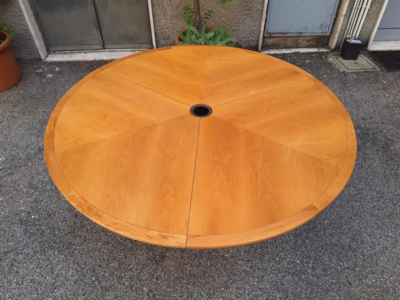 Pamono Round Extendable Table with Lacquered Metal Base and Wooden Top by Francesco Fois for Bernini, Italy, 1986> Dining Tables & Sets