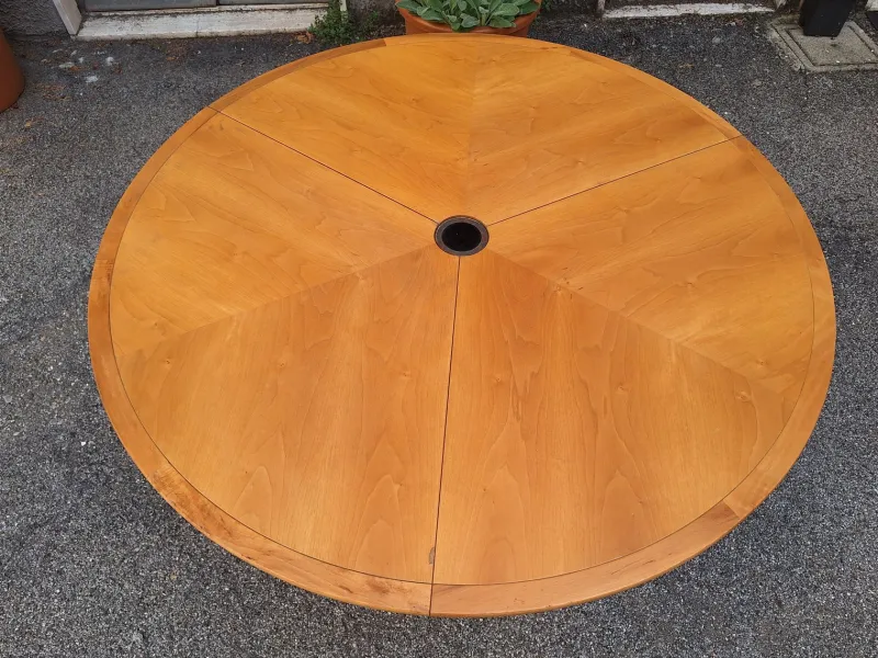 Pamono Round Extendable Table with Lacquered Metal Base and Wooden Top by Francesco Fois for Bernini, Italy, 1986> Dining Tables & Sets