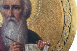 Pamono Round Icon of the Holy Apostle John the Theologian, 19th Century, Tempera & Gold Leaf on Wood