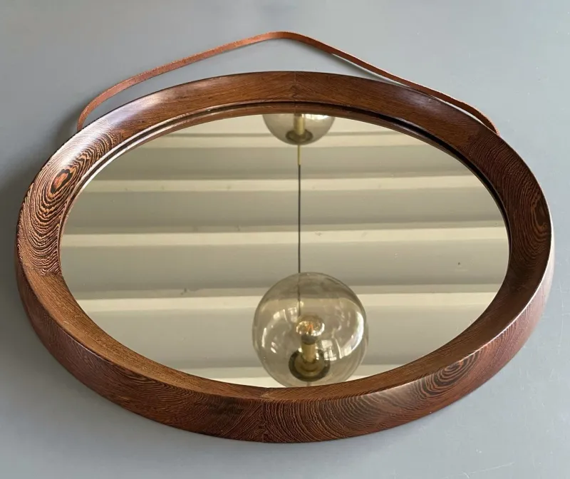 Pamono Round Mirror in Wengé Wood from O.W. Hack Zwolle, Holland, 1960s> Mirrors