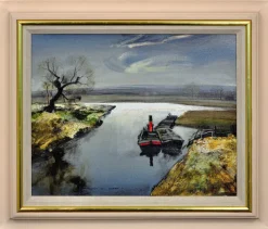 Clearance Pamono Rowland Hilder, River Bure, Norfolk, East Anglia, Oil Painting, 1950s, Framed