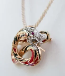 Pamono Rubies, Diamonds, Enamel, Rose Gold and Silver Dragon Brooch or Pendant><noscript><img width=
