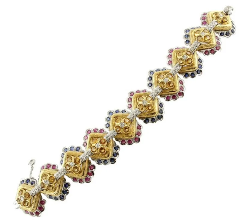 Pamono Ruby & White and Yellow Gold Link Bracelet with White Diamonds and Blue Sapphires> Bracelets
