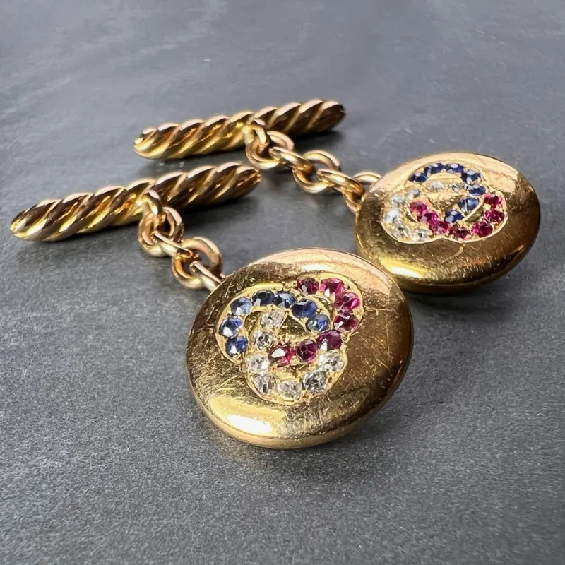 Pamono Ruby Sapphire and Diamond Trefoil 14k Yellow Gold Cufflinks, 1890s, Set of 2> Cufflinks
