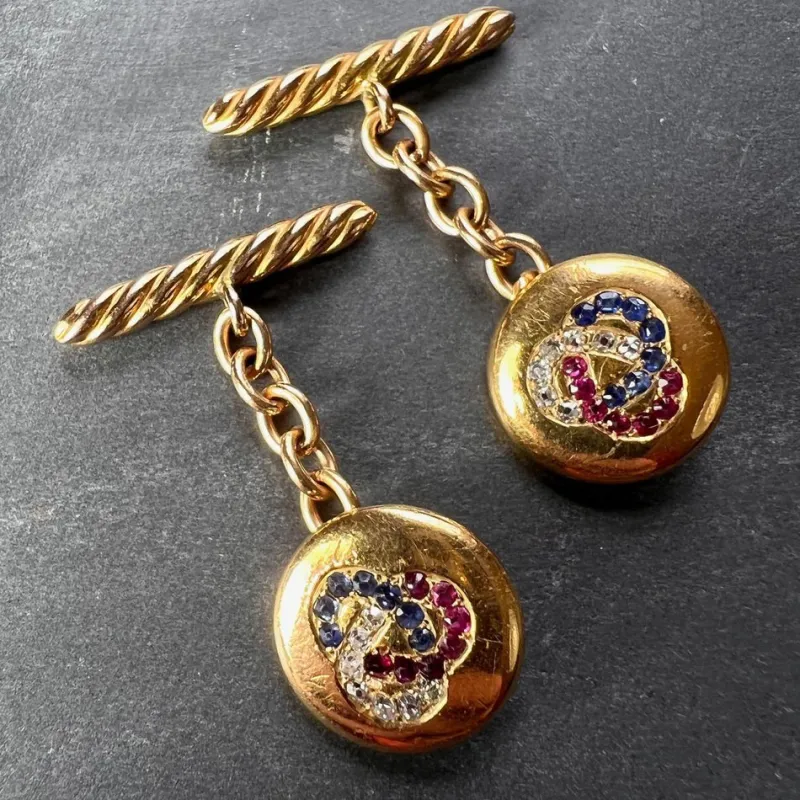 Pamono Ruby Sapphire and Diamond Trefoil 14k Yellow Gold Cufflinks, 1890s, Set of 2> Cufflinks