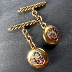 Pamono Ruby Sapphire and Diamond Trefoil 14k Yellow Gold Cufflinks, 1890s, Set of 2><noscript><img width=
