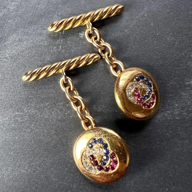 Pamono Ruby Sapphire and Diamond Trefoil 14k Yellow Gold Cufflinks, 1890s, Set of 2> Cufflinks