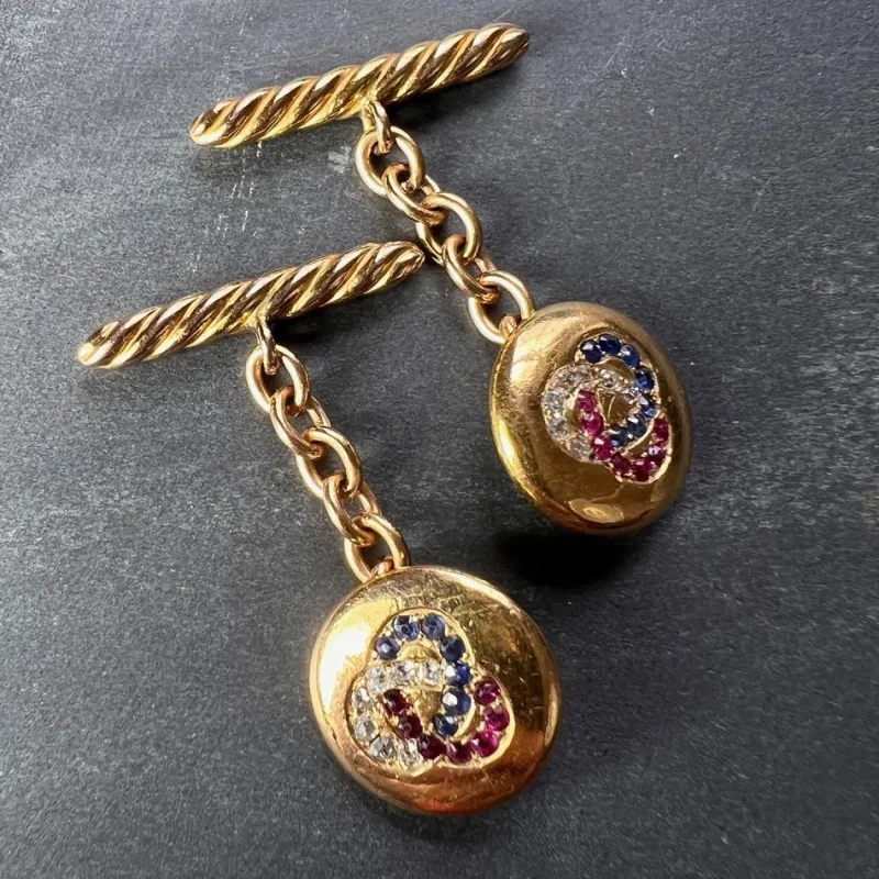 Pamono Ruby Sapphire and Diamond Trefoil 14k Yellow Gold Cufflinks, 1890s, Set of 2> Cufflinks