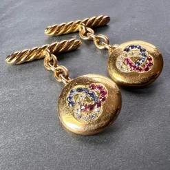 Pamono Ruby Sapphire and Diamond Trefoil 14k Yellow Gold Cufflinks, 1890s, Set of 2><noscript><img width=