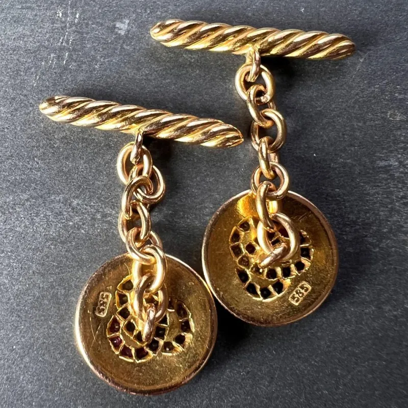 Pamono Ruby Sapphire and Diamond Trefoil 14k Yellow Gold Cufflinks, 1890s, Set of 2> Cufflinks