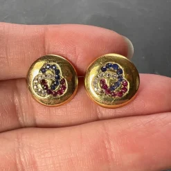 Pamono Ruby Sapphire and Diamond Trefoil 14k Yellow Gold Cufflinks, 1890s, Set of 2><noscript><img width=