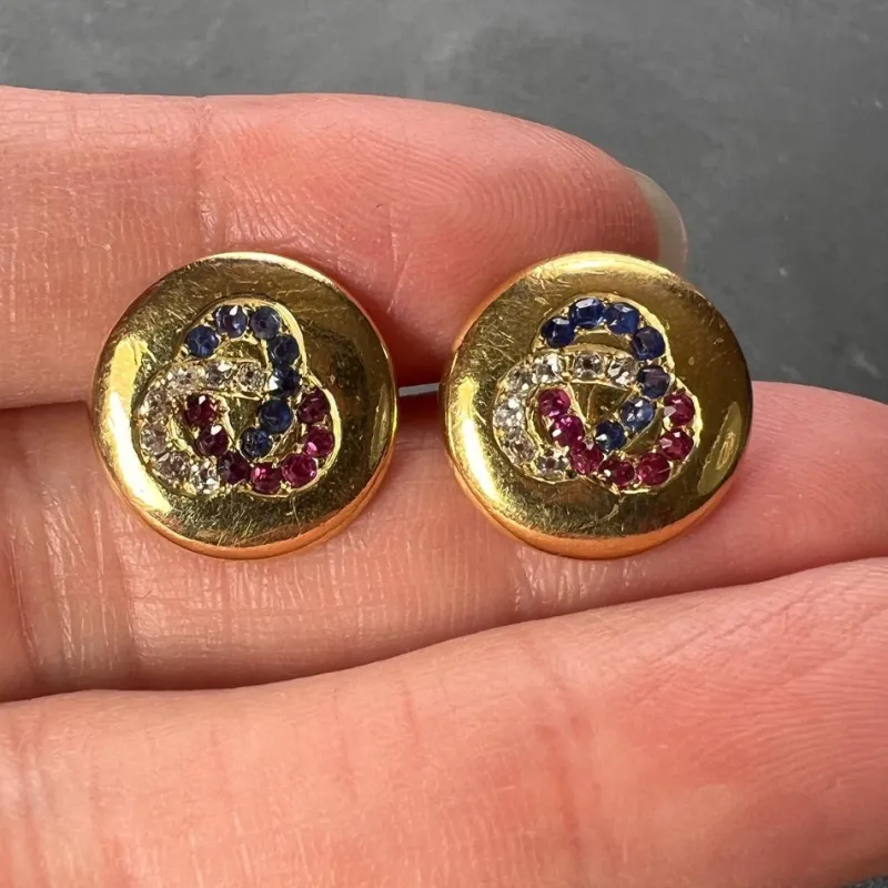 Pamono Ruby Sapphire and Diamond Trefoil 14k Yellow Gold Cufflinks, 1890s, Set of 2> Cufflinks