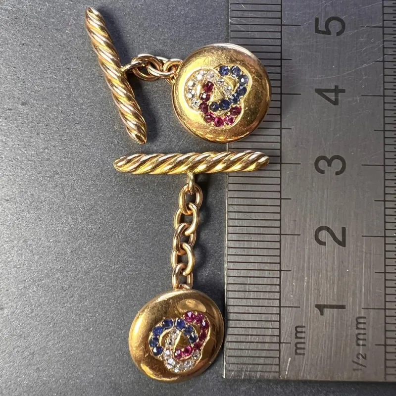Pamono Ruby Sapphire and Diamond Trefoil 14k Yellow Gold Cufflinks, 1890s, Set of 2> Cufflinks