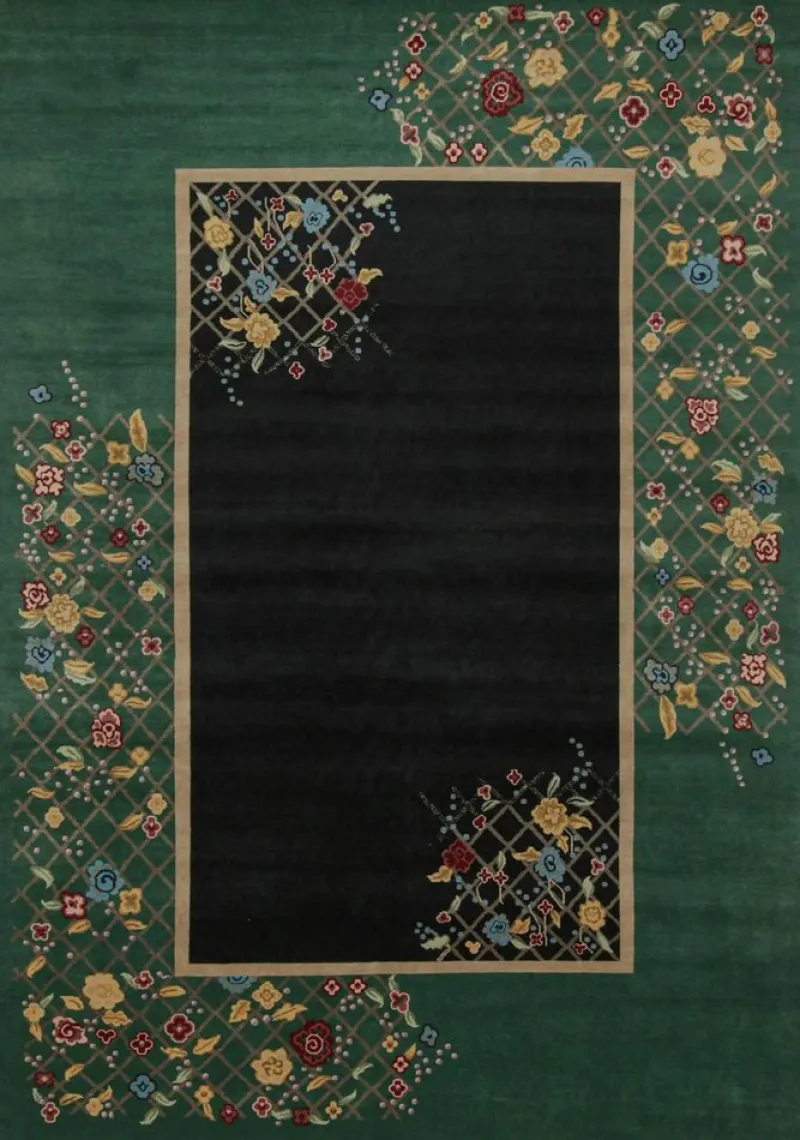 Sale Pamono Rug in Black and Green with Floral Pattern from R&K Principal Jahanshah Nazmiyal