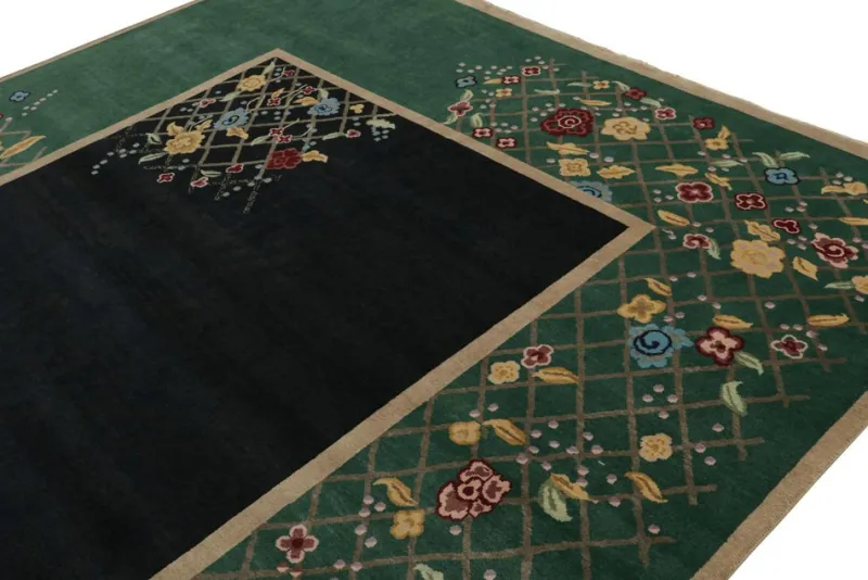 Sale Pamono Rug in Black and Green with Floral Pattern from R&K Principal Jahanshah Nazmiyal
