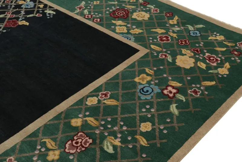 Sale Pamono Rug in Black and Green with Floral Pattern from R&K Principal Jahanshah Nazmiyal