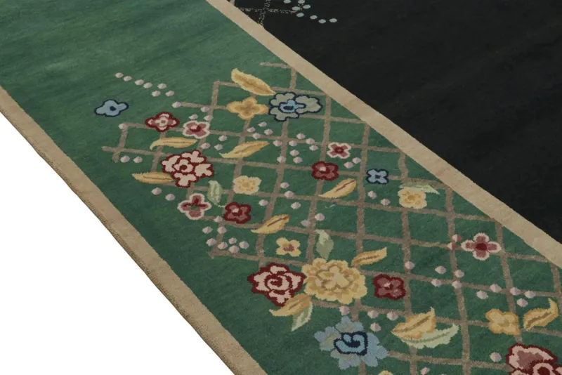 Sale Pamono Rug in Black and Green with Floral Pattern from R&K Principal Jahanshah Nazmiyal