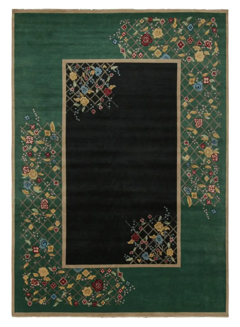 Sale Pamono Rug in Black and Green with Floral Pattern from R&K Principal Jahanshah Nazmiyal