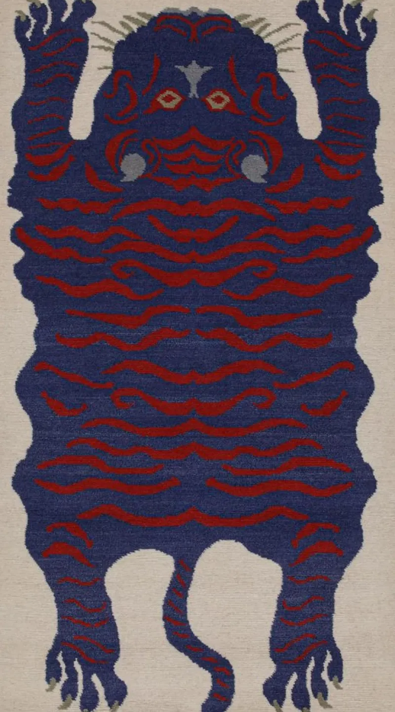 Pamono Rug with Blue and Red Pictorial from R&K Principal Jahanshah Nazmiyal