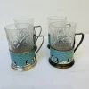 Pamono Russian Glasses with Silver-Plated and Cleaned Bracket, Enamel and Penguin Pattern, 1950s, Set of 4> Glassware