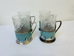Pamono Russian Glasses with Silver-Plated and Cleaned Bracket, Enamel and Penguin Pattern, 1950s, Set of 4> Glassware