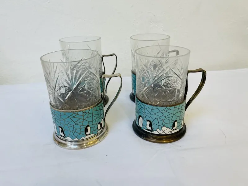 Pamono Russian Glasses with Silver-Plated and Cleaned Bracket, Enamel and Penguin Pattern, 1950s, Set of 4> Glassware
