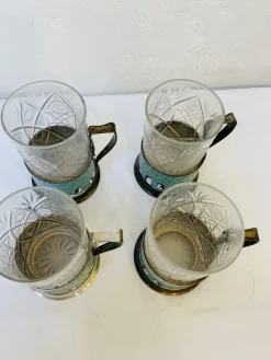 Pamono Russian Glasses with Silver-Plated and Cleaned Bracket, Enamel and Penguin Pattern, 1950s, Set of 4> Glassware