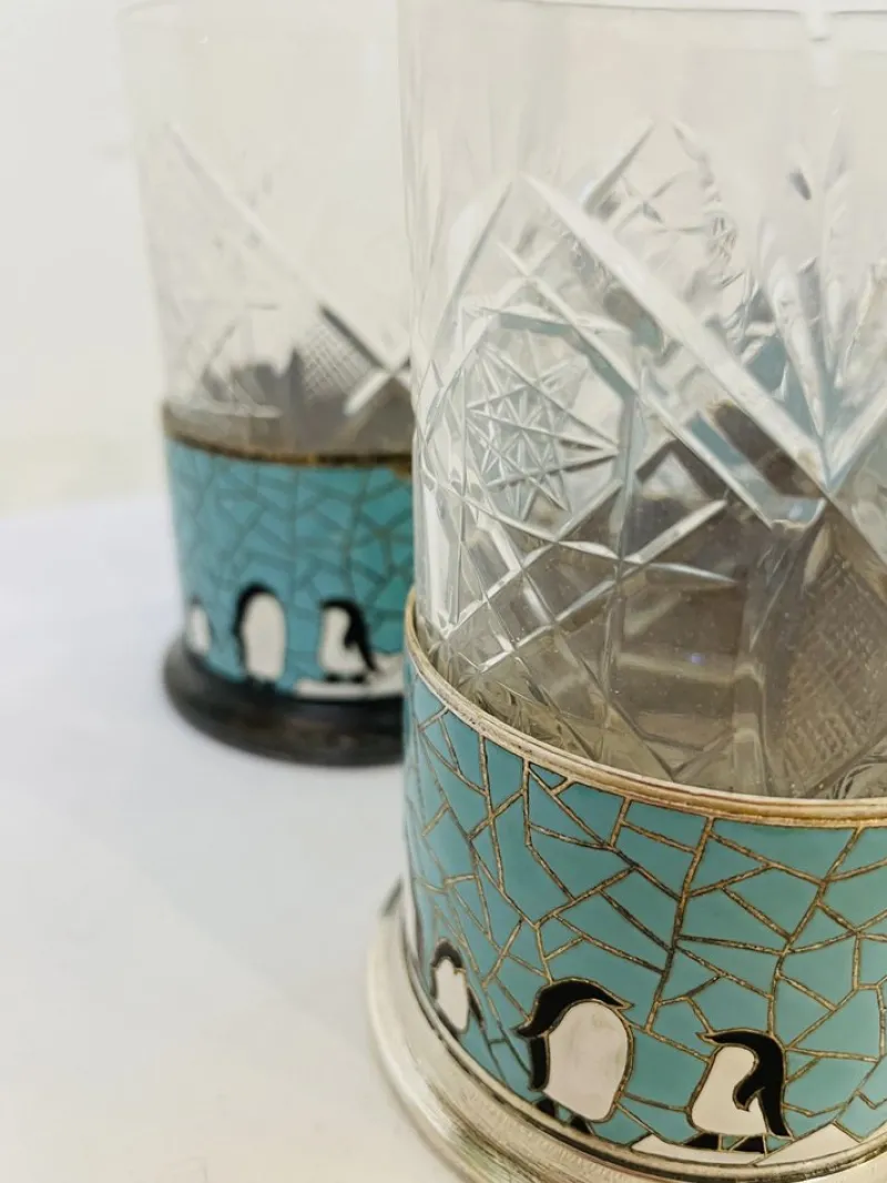 Pamono Russian Glasses with Silver-Plated and Cleaned Bracket, Enamel and Penguin Pattern, 1950s, Set of 4> Glassware