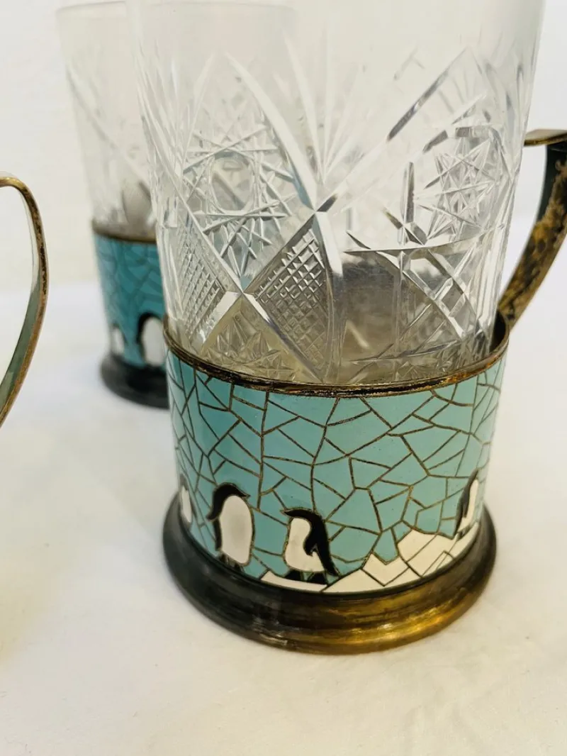 Pamono Russian Glasses with Silver-Plated and Cleaned Bracket, Enamel and Penguin Pattern, 1950s, Set of 4> Glassware