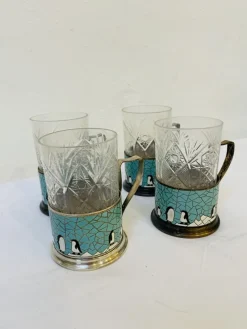 Pamono Russian Glasses with Silver-Plated and Cleaned Bracket, Enamel and Penguin Pattern, 1950s, Set of 4><noscript><img width=