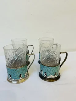 Pamono Russian Glasses with Silver-Plated and Cleaned Bracket, Enamel and Penguin Pattern, 1950s, Set of 4><noscript><img width=