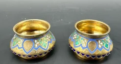 Best Pamono Russian Salt Cellars in Cloisonné Champlevé and Gilded Silver by Pavel Ovchinnikov, Set of 2