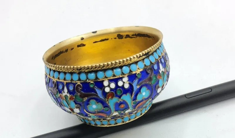 Pamono Russian Silver and Enamel Salt Cellar, 1890s> Salt & Pepper Shakers