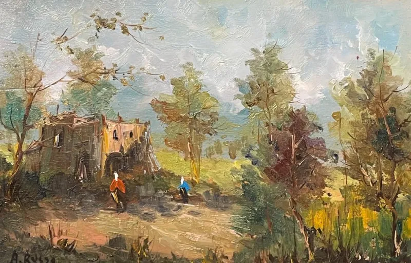 Pamono Russo, Rural Landscape, 20th Century, Oil Painting on Panel, Framed> Painting