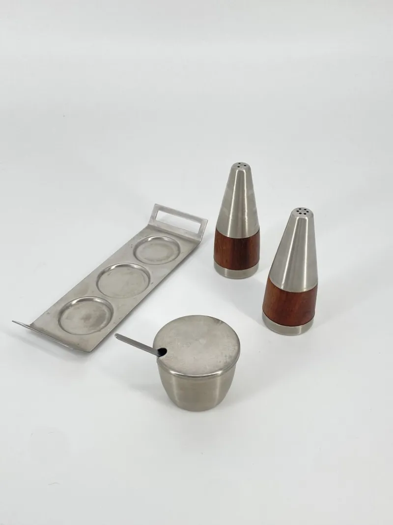 Pamono Salt & Pepper Shaker and Mustard Pot from Stelton, Denmark, 1950s, Set of 4> Salt & Pepper Shakers