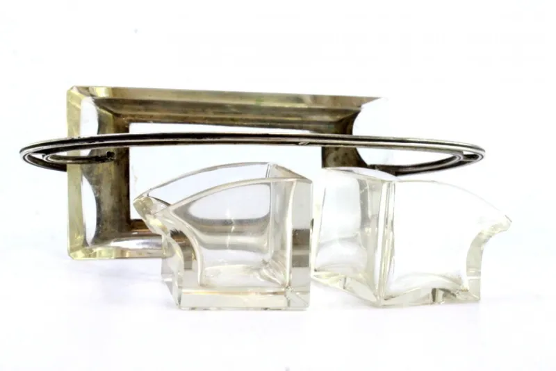Pamono Salt and Pepper Shakers in Cut Glass with Silver Structure, Double Handle and Round Feet, Set of 3