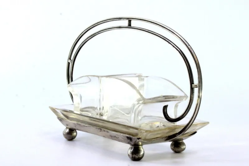 Pamono Salt and Pepper Shakers in Cut Glass with Silver Structure, Double Handle and Round Feet, Set of 3