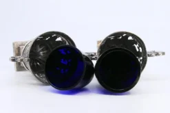 Pamono Salt and Pepper Shakers in Cut Silver with Religious Scene and Blue Glass Souls Interior, Set of 2> Salt & Pepper Shakers