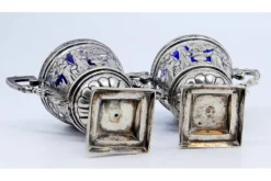 Pamono Salt and Pepper Shakers in Cut Silver with Religious Scene and Blue Glass Souls Interior, Set of 2><noscript><img width=