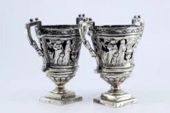 Pamono Salt and Pepper Shakers in Cut Silver with Religious Scene and Blue Glass Souls Interior, Set of 2><noscript><img width=