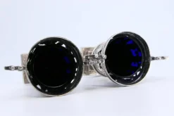 Pamono Salt and Pepper Shakers in Cut Silver with Religious Scene and Blue Glass Souls Interior, Set of 2><noscript><img width=