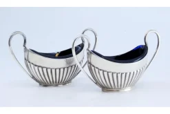 Hot Pamono Salt and Pepper Shakers in Fluted Silver with Blue Glass Cores Interior, Set of 2