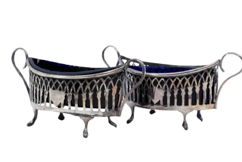 New Pamono Salt and Pepper Shakers in Cut Silver with Blue Glass Souls Interior, Set of 2